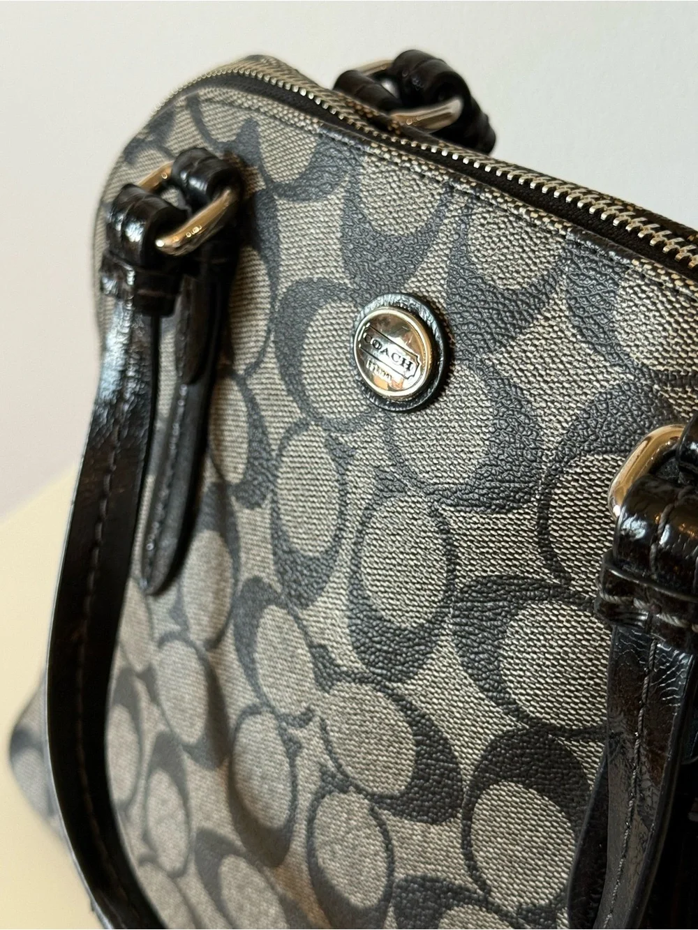 Coach Peyton Black and Tan Signature Satchel with strap